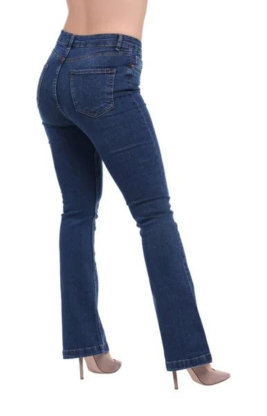 Woman Stylish Jeans White Background Closeup — Stock Photo, Image