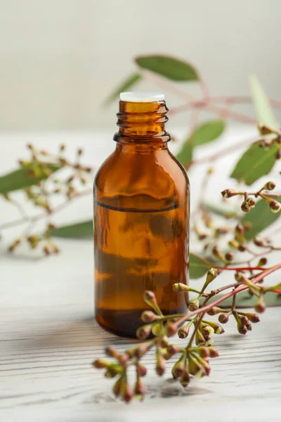 Bottle Eucalyptus Essential Oil Leaves White Wooden Table — Stock Photo, Image