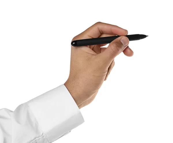 Man Holding Pen White Background Closeup Hand Stock Image