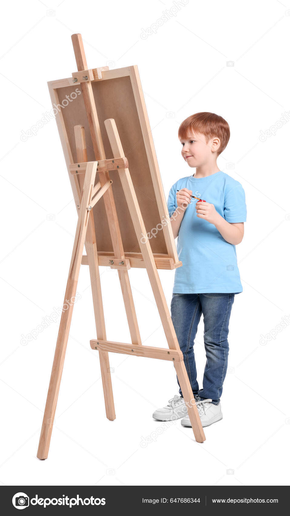 Little Boy Painting White Background Using Easel Hold Canvas Stock Photo by  ©NewAfrica 647686344