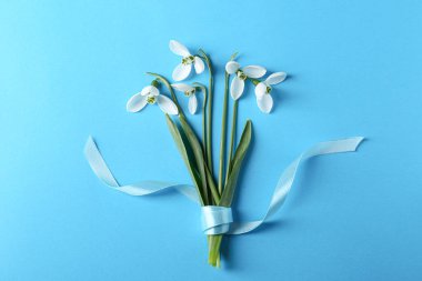 Beautiful snowdrops on light blue background, flat lay