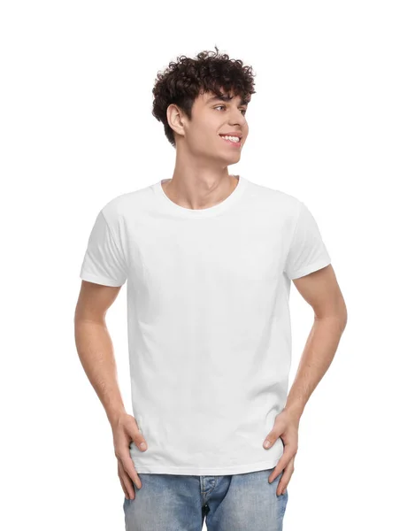 Homem Vestindo Elegante Camiseta Fundo Branco Mockup Para Design — Fotografia de Stock