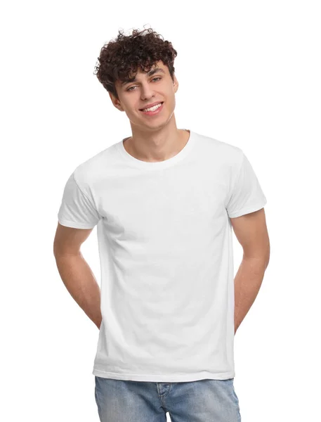 Mann Mit Stylischem Shirt Auf Weißem Hintergrund Mockup Für Design — Stockfoto