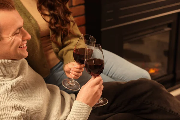 Happy Lovely Couple Glasses Wine Resting Together Fireplace Home Closeup — Stock Photo, Image
