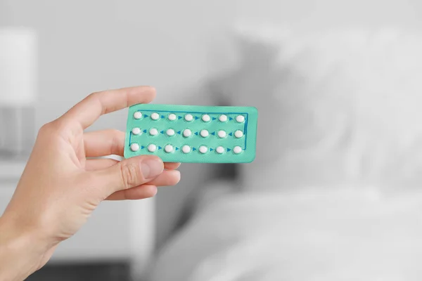 Woman Holding Blister Oral Contraception Pills Blurred Background Closeup Space — ストック写真