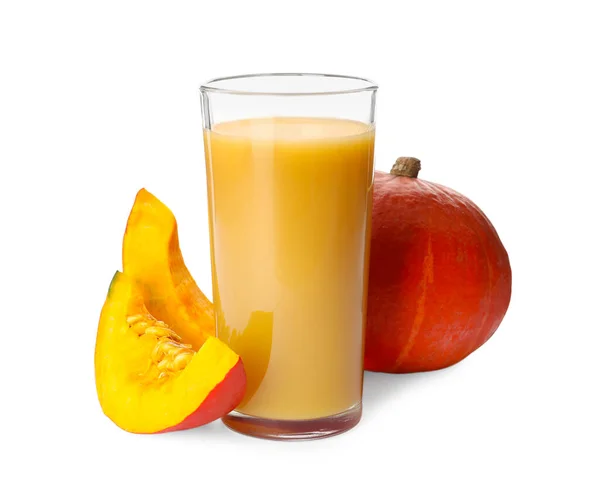 stock image Glass with pumpkin juice and fresh vegetables on white background