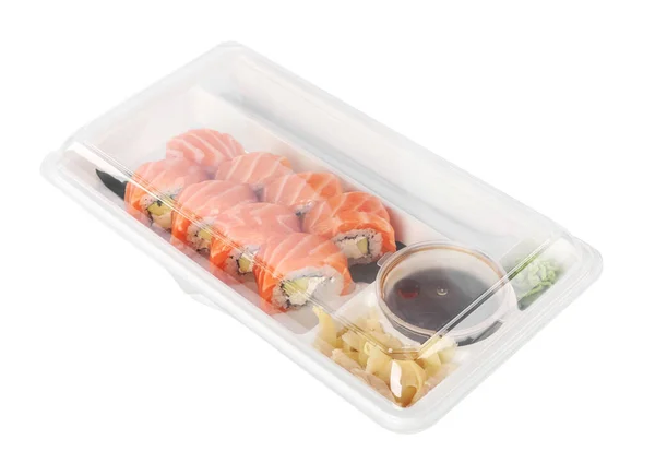 Entrega Comida Deliciosos Rolos Sushi Com Molho Soja Gengibre Wasabi — Fotografia de Stock