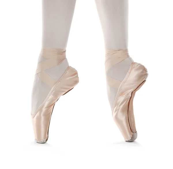 Ballerina Spitzenschuhen Die Auf Weißem Hintergrund Tanzen Nahaufnahme — Stockfoto