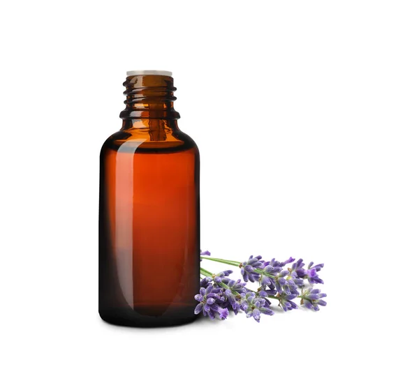 Bottle Lavender Essential Oil Flowers White Background — Stock Photo, Image