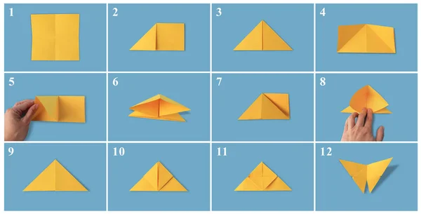 Origami art. Making yellow paper butterfly step by step, photo collage on light blue background