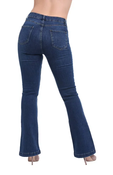 Mujer Jeans Con Estilo Sobre Fondo Blanco Primer Plano — Foto de Stock