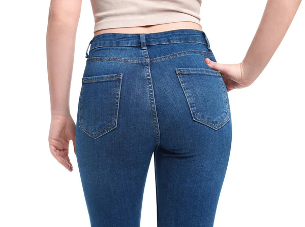 Woman Stylish Jeans White Background Closeup — Stock Photo, Image