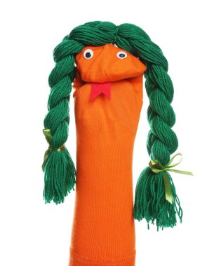 Beyaz örgülü komik çorap kuklası.