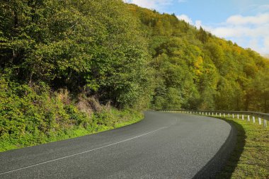 Picturesque view of empty road near trees in mountains