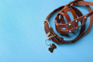 Açık mavi ahşap masada kahverengi deri köpek ağızlığı ve tasması. Metin için boşluk