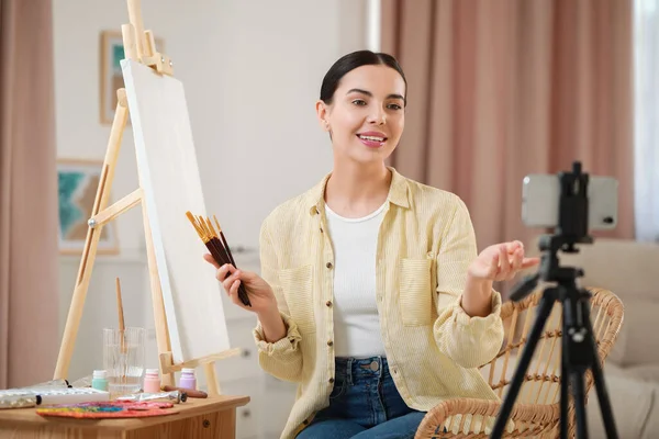 Insegnante Che Conduce Lezioni Pittura Online Casa Tempo Hobby — Foto Stock