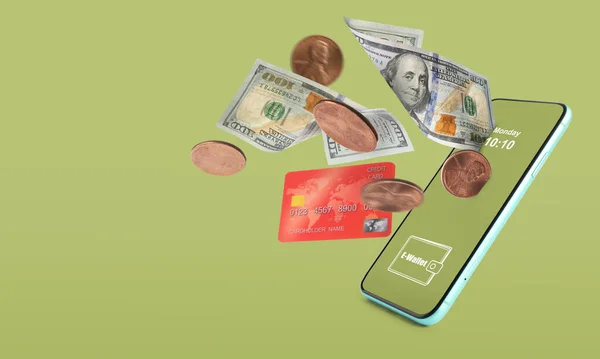 オンライン決済 携帯電話オープン電子財布アプリ ドル紙幣 コインやクレジットカードでライトオリーブの背景 テキストのためのスペース — ストック写真