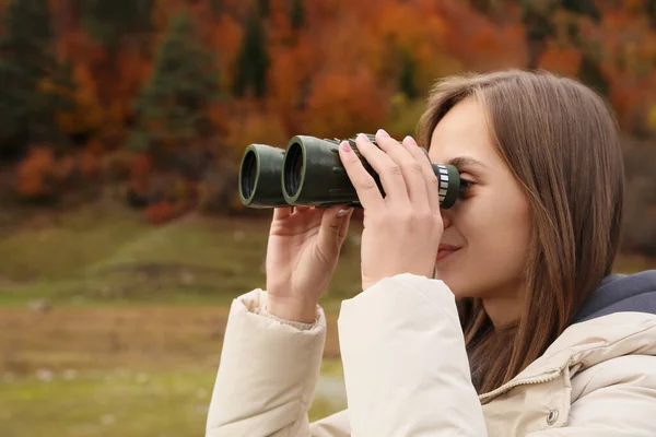 Woman Looking Binoculars Beautiful Mountains Closeup Space Text — Stock Photo, Image