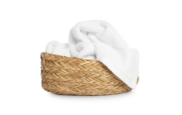 Wicker Basket Crumpled Bath Towel Isolated White — Stock Photo, Image