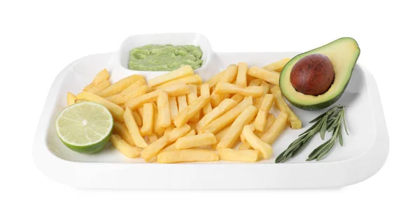 Tray Delicious French Fries Avocado Dip Lime Rosemary Isolated White — Stockfoto