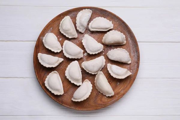 Raw Dumplings Varenyky White Wooden Table Top View — Stok fotoğraf