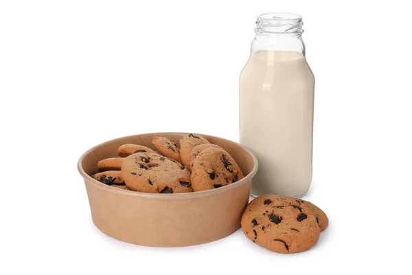 Delicious Chocolate Chip Cookies Milk Isolated White — Stock Photo, Image