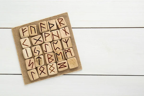 Runes Different Symbols White Wooden Table Top View Space Text — Stock Photo, Image