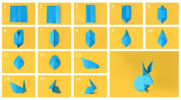 Origami art. Making light blue paper bunny step by step, photo collage on yellow background