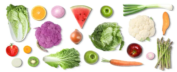 Collage Met Veel Groenten Fruit Witte Achtergrond Bovenaanzicht — Stockfoto