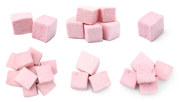 Colagem Com Saborosos Marshmallows Rosa Fundo Branco — Fotografia de Stock