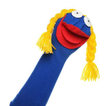 Beyaz örgülü komik çorap kuklası.