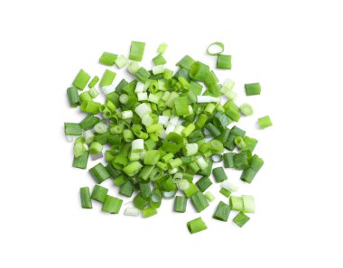 Pile of fresh green onion on white background, top view