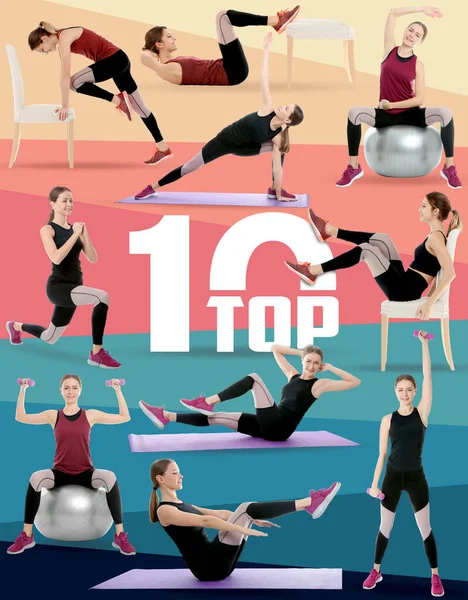 Top ten list of home fitness exercises on color background. Young sporty woman in different poses