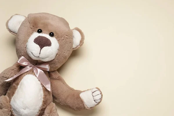 Cute Teddy Bear Beige Background Top View Space Text — Stock Photo, Image