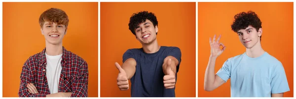 Porträts Von Jugendlichen Auf Orangefarbenem Hintergrund Collage Design — Stockfoto