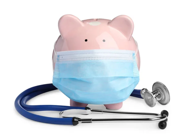 Prasátko Banka Ochranné Masce Stetoskop Bílém Pozadí Zdravotní Pojištění — Stock fotografie