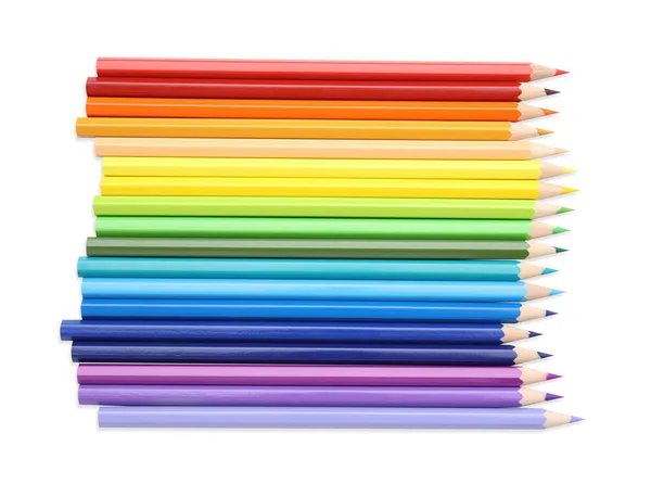 Wiele Kolorowych Ołówków Drewnianych Białym Tle Widok Góry — Zdjęcie stockowe