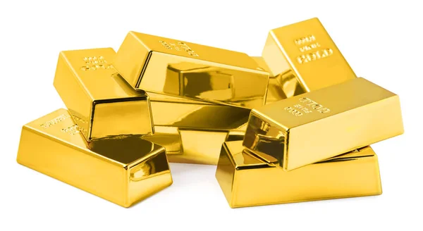 Viele Glänzende Goldbarren Isoliert Auf Weiß — Stockfoto