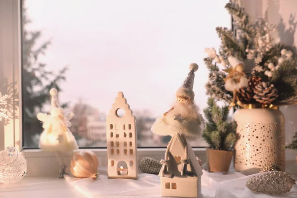 Many Beautiful Christmas Decorations Fir Branches Window Sill Indoors — 스톡 사진