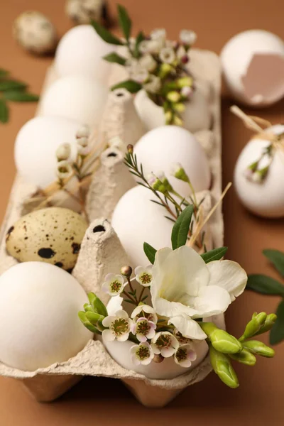 Festive Composition Eggs Floral Decor Brown Background Closeup Happy Easter — 스톡 사진