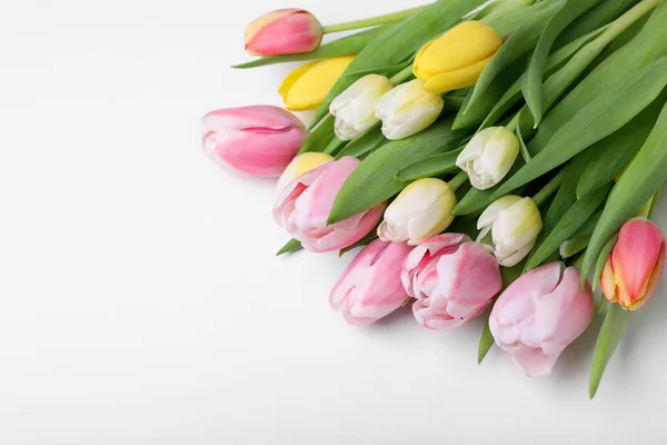 Красивые Красочные Тюльпаны Светлом Фоне Крупным Планом Пространство Текста — стоковое фото