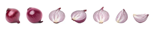 Collage Whole Cut Red Onions White Background — Stock Photo, Image