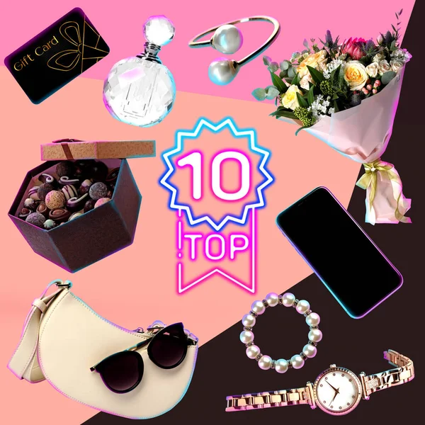 Top ten list of gifts for her on color background