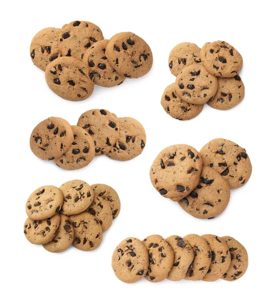 Collage Tasty Chocolate Chip Cookies White Background Top View — Stock Photo, Image
