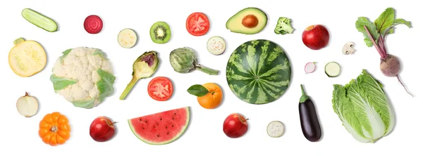 Collage Med Många Grönsaker Och Frukter Vit Bakgrund Ovanifrån — Stockfoto