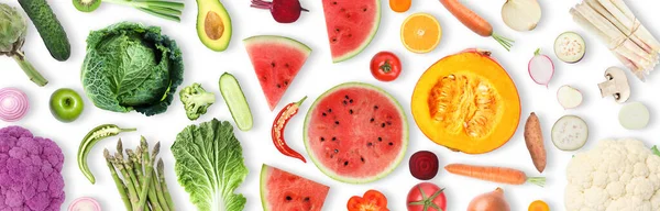 Collage Avec Nombreux Légumes Fruits Sur Fond Blanc Vue Dessus — Photo