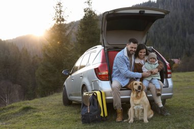 Ebeveynler, kızları ve köpekleri dağlarda arabanın yanında mesajlaşmak için yer açıyorlar. Aile evcil hayvanla seyahat ediyor