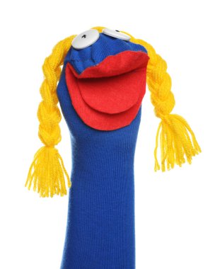 Beyaz örgülü komik çorap kuklası.