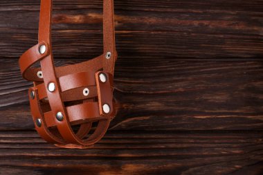 Kahverengi deri köpek ağızlığı ahşap masada, üst manzara. Metin için boşluk