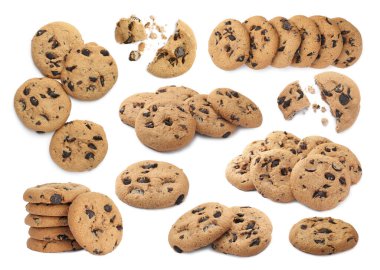 Beyaz arka planda çikolata parçacıklı kurabiyeler, kolaj tasarımı